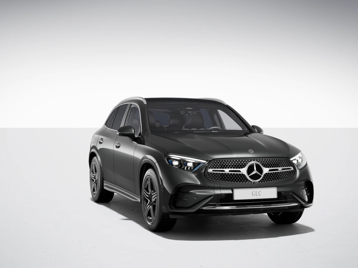 Angled front view of the new GLC SUV from Mercedes-Benz with the AMG Line and Night Package.