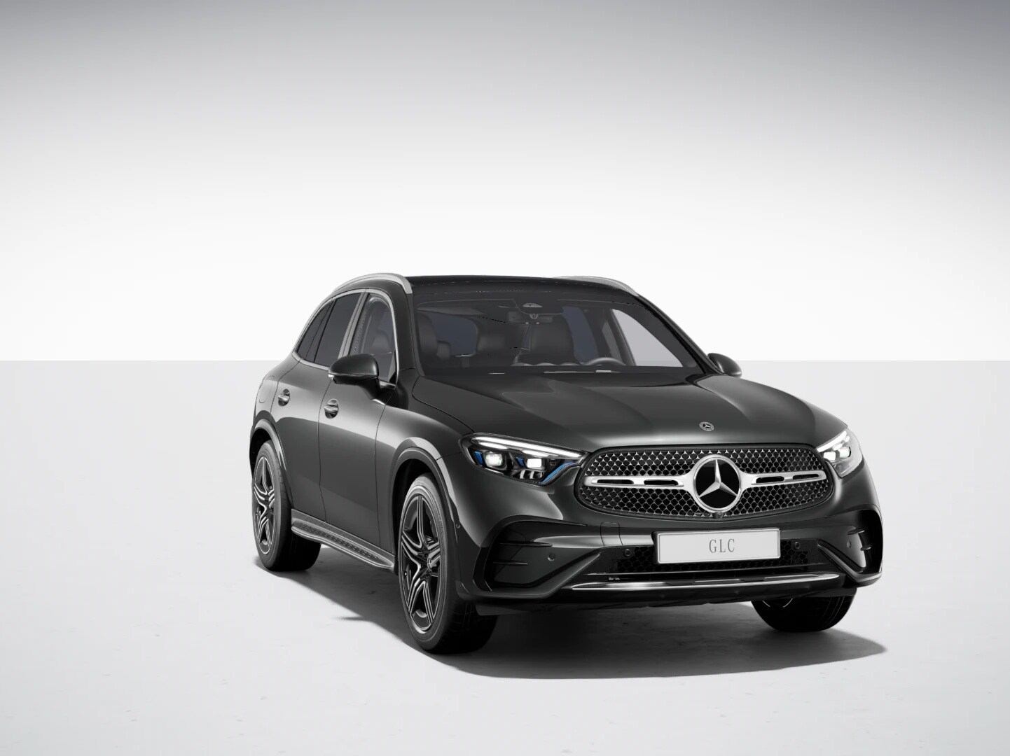 Angled front view of the new GLC SUV from Mercedes-Benz with the AMG Line and Night Package.