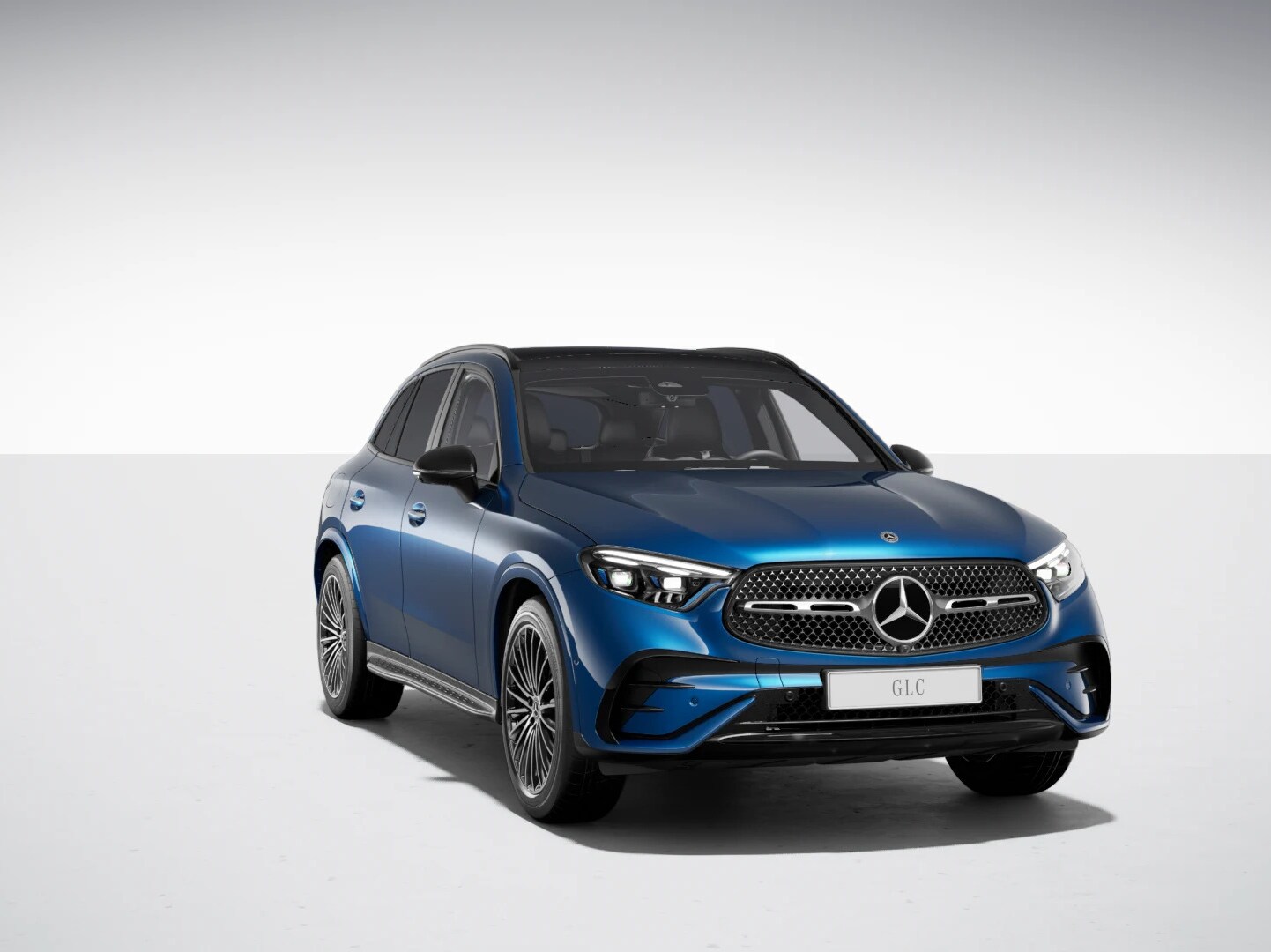 Angled front view of the new GLC SUV from Mercedes-Benz with the AMG Line and Night Package.