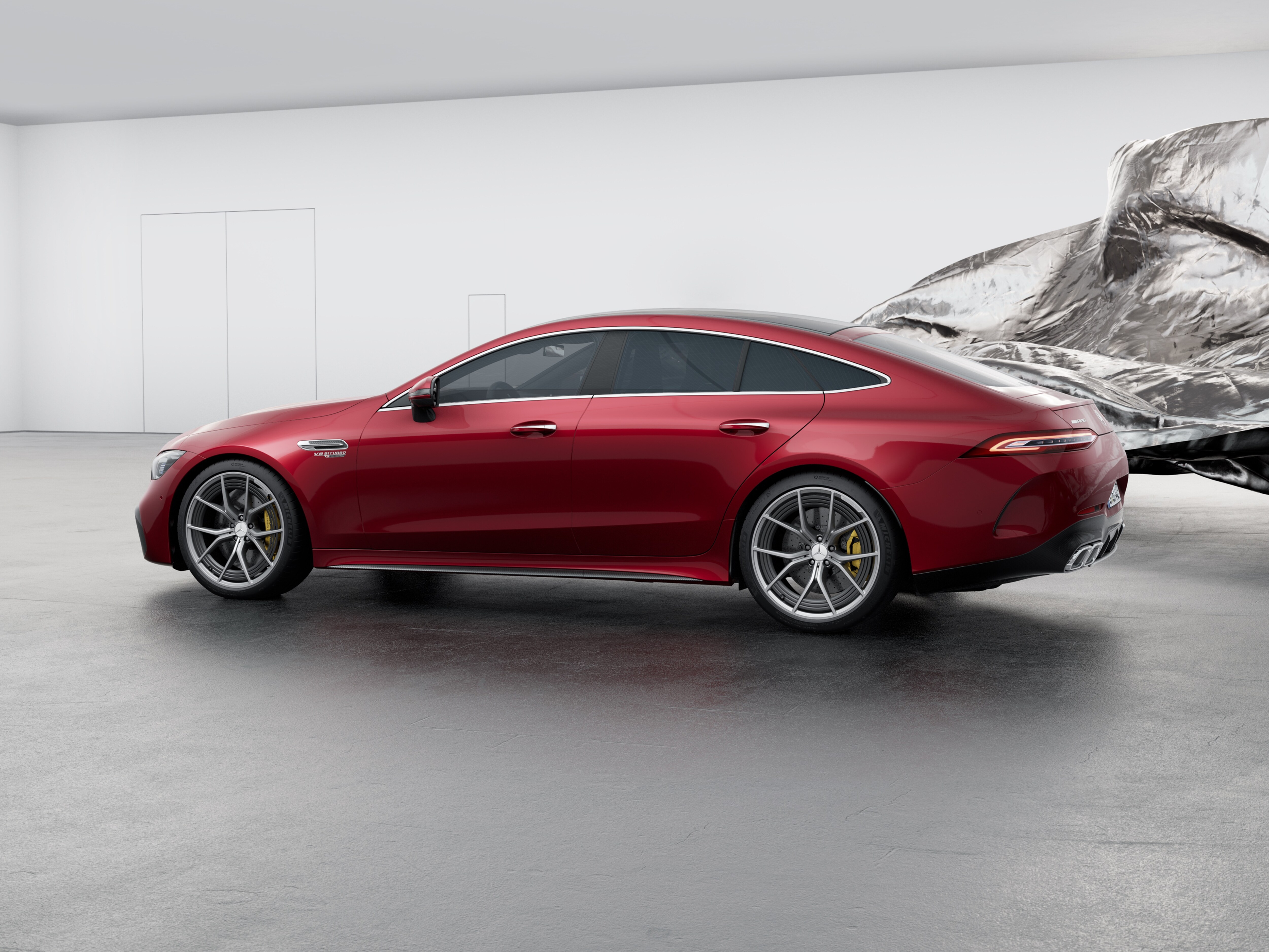 Angled front view of the Mercedes-AMG GT 4-door Coupé with AMG Aerodynamics package.