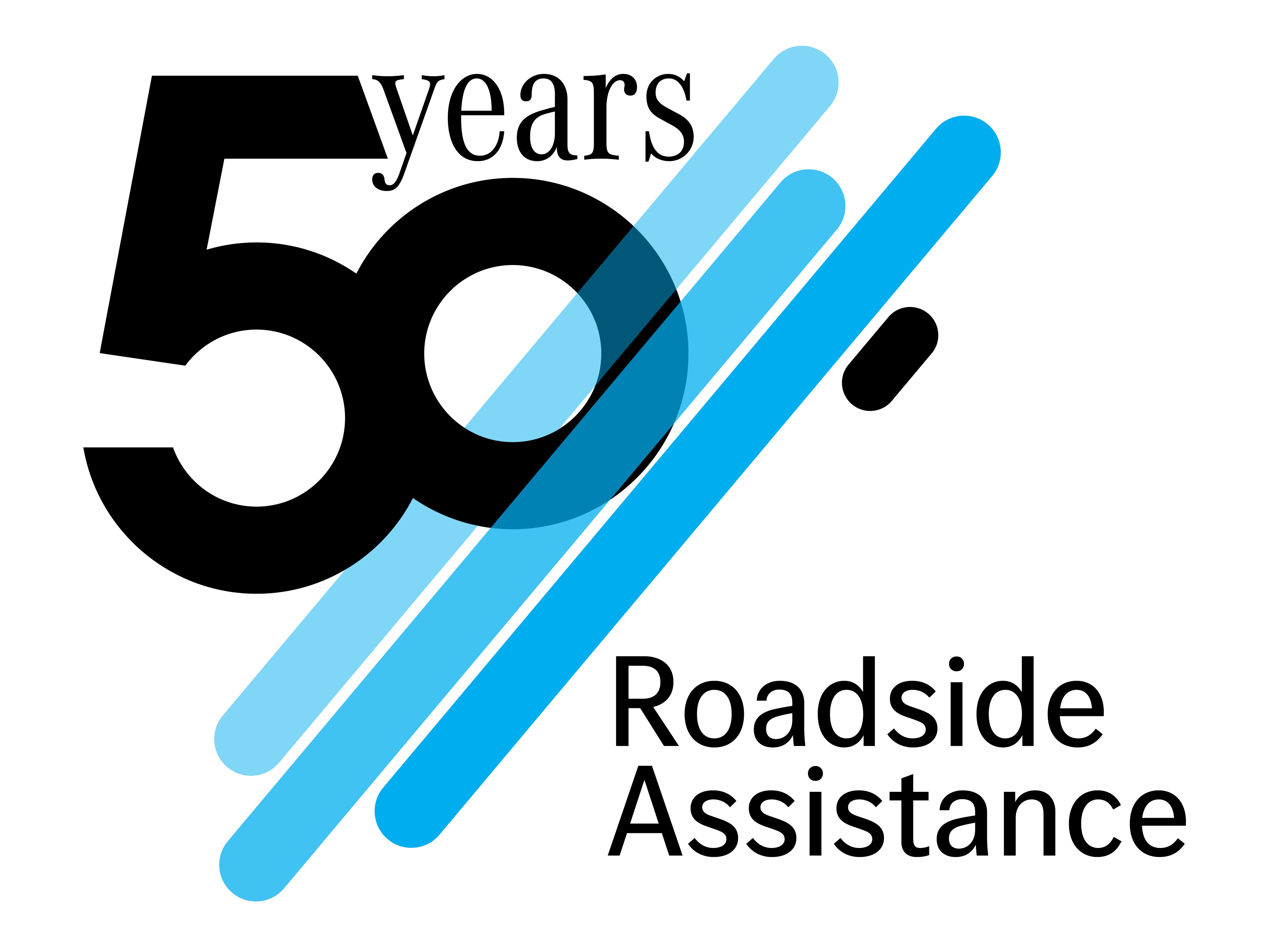 Logo celebrating "50 years" with a large "50" and text "Roadside Assistance" with blue lines.