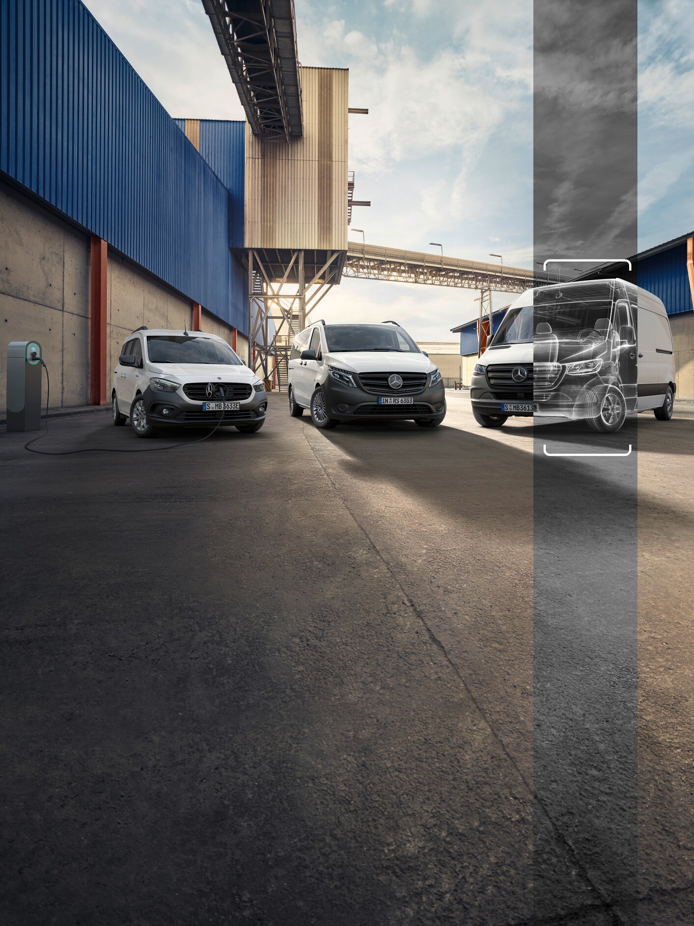 Three white Mercedes-Benz vans in an industrial setting background. One is charging, and the third is shown as a wireframe overlay.