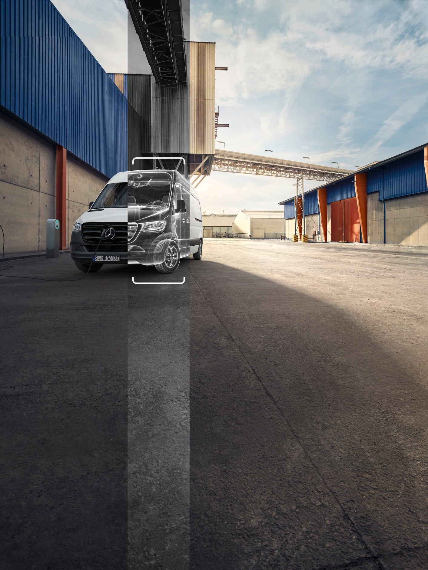 A white Sprinter van charging in an industrial yard, partially overlaid with a white wireframe technical drawing.