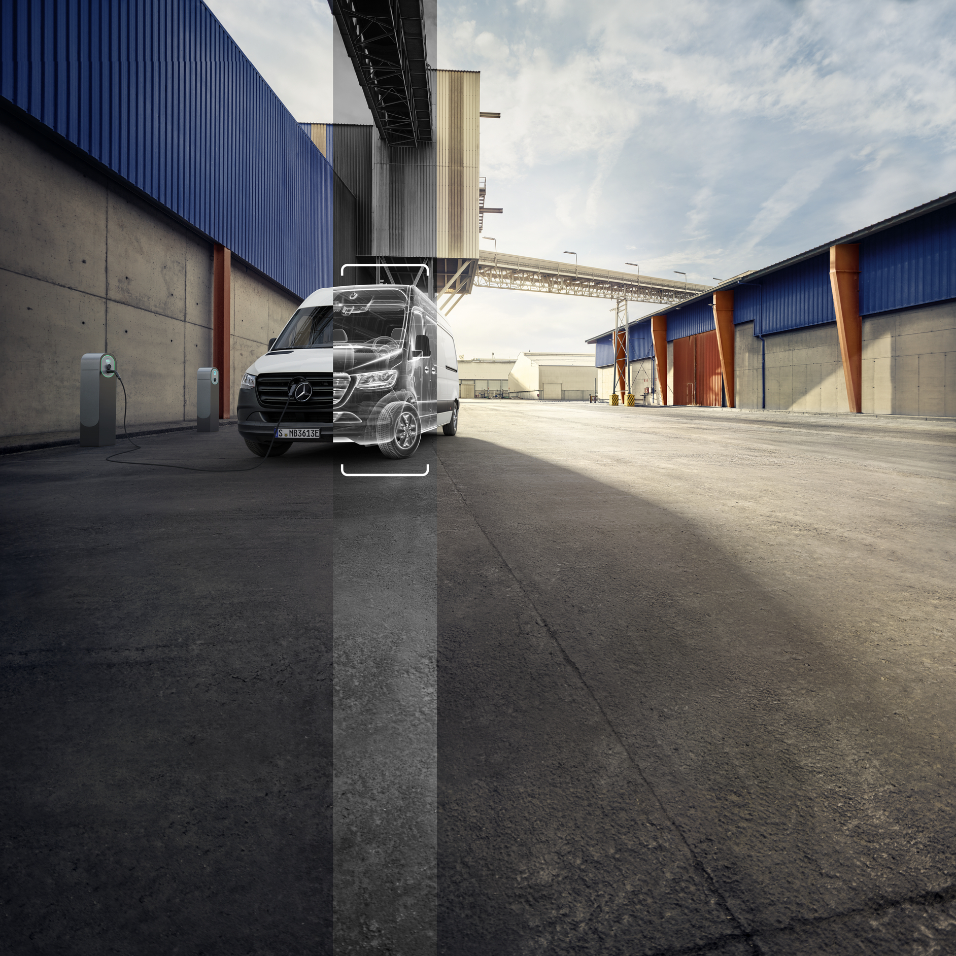 A Sprinter Van with a Wireframe Overlay | Mercedes-Benz Vans A white Sprinter van charging in an industrial yard, partially overlaid with a white wireframe technical drawing.