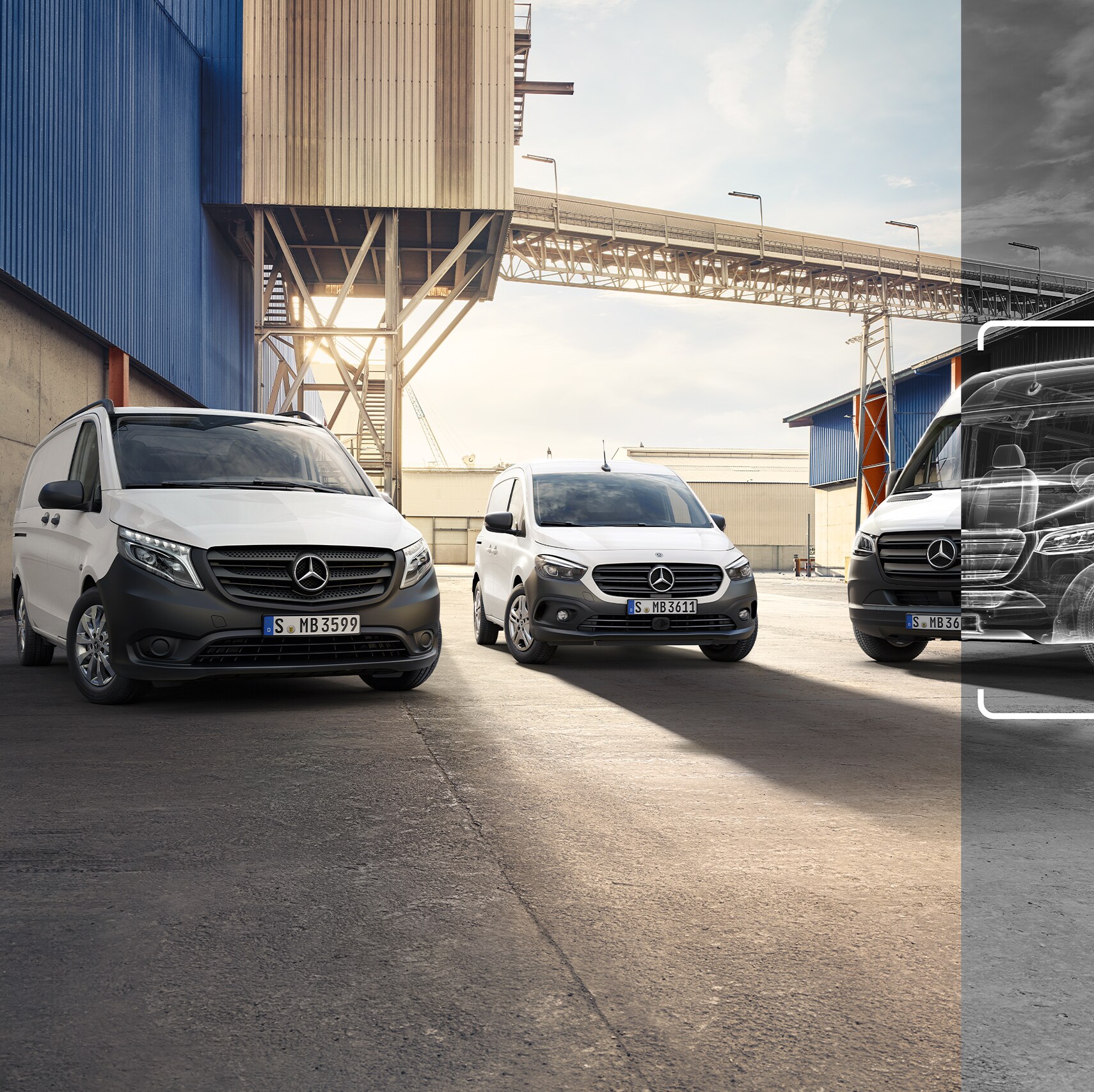 Three white Mercedes-Benz vans parked in an industrial yard with the van on the right showing a wireframe graphic overlay.