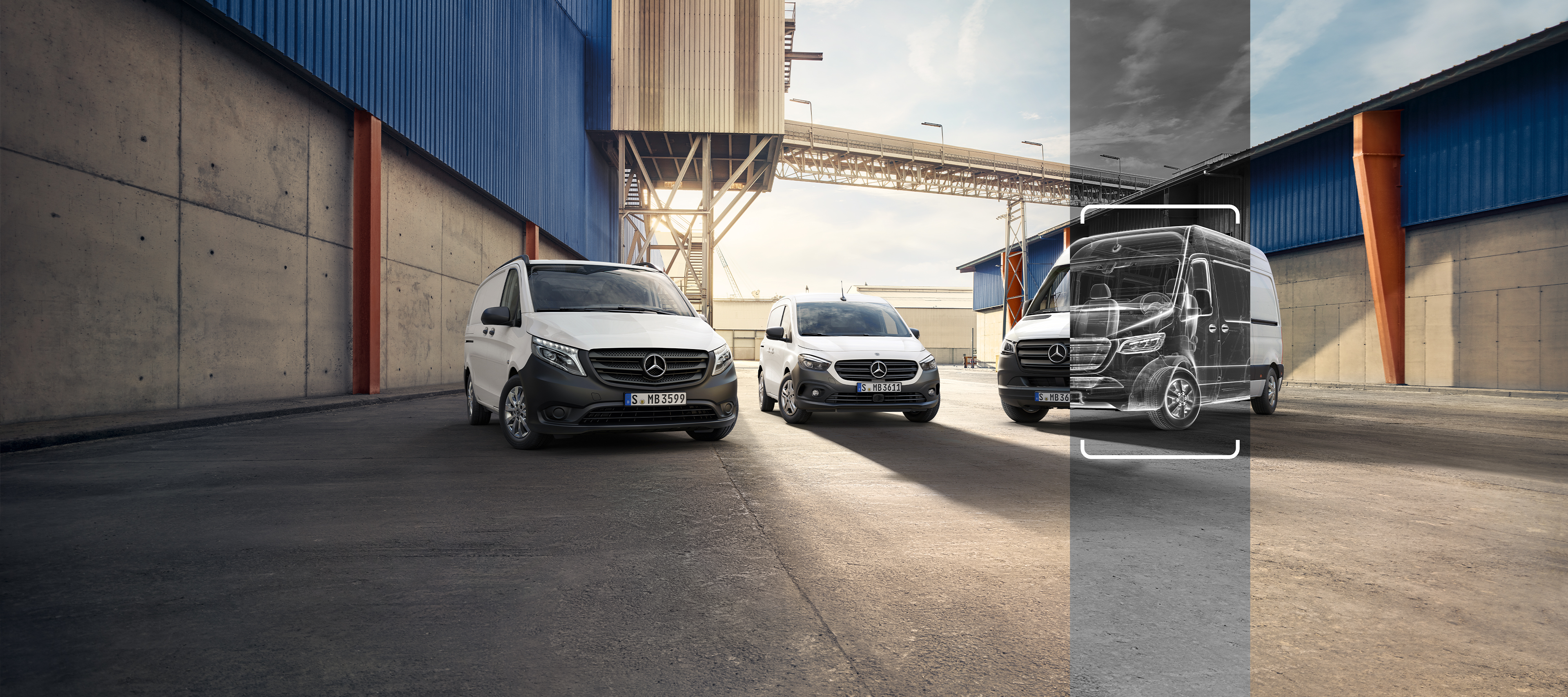 Three Mercedes-Benz vans with overlay | Mercedes-Benz Vans Three white Mercedes-Benz vans parked in an industrial yard with the van on the right showing a wireframe graphic overlay.