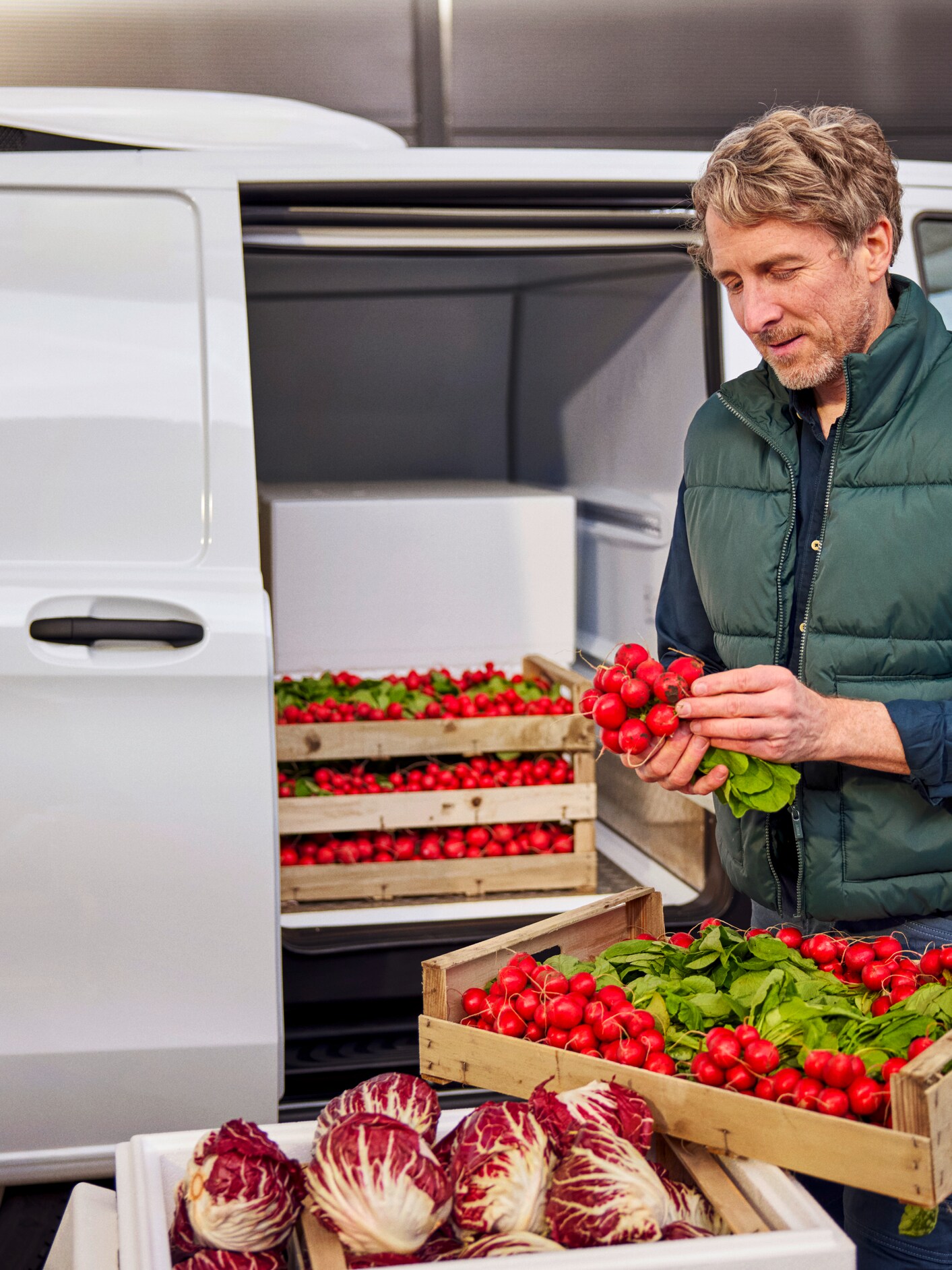 A man holding a bunch of radishes while loading crates of produce into a white Mercedes-Benz van.