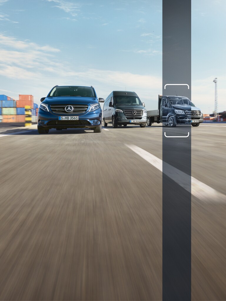 A line-up of Mercedes-Benz vans on the road, featuring an eVito, an eSprinter and an eSprinter Chassis Cab. 