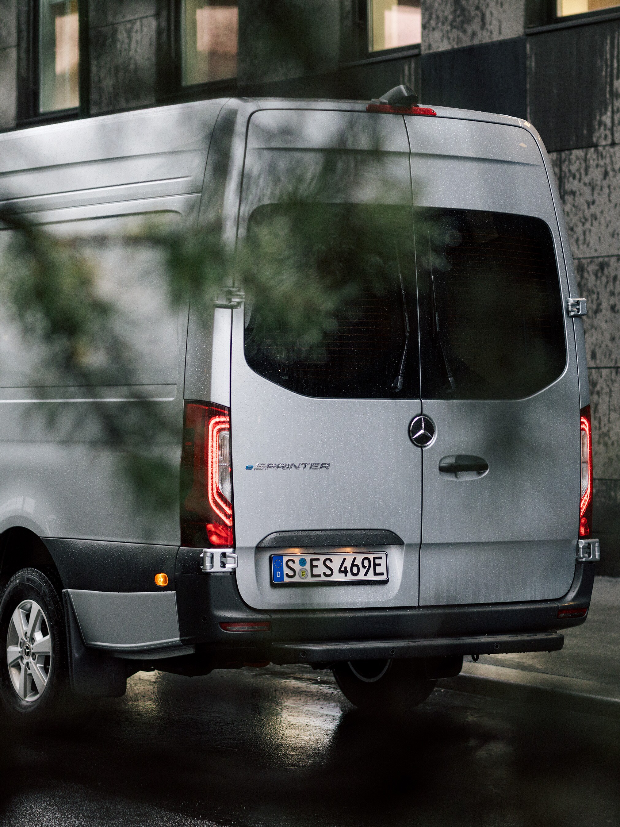 Rear view of a Mercedes-Benz eSprinter electric van.