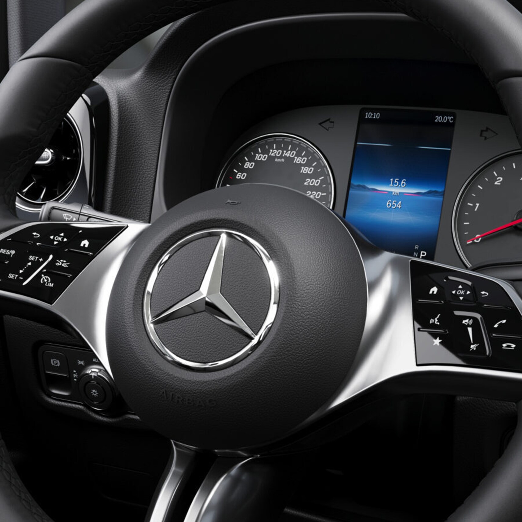 Close-up of a Mercedes-Benz steering wheel and dashboard inside vehicle cabin.