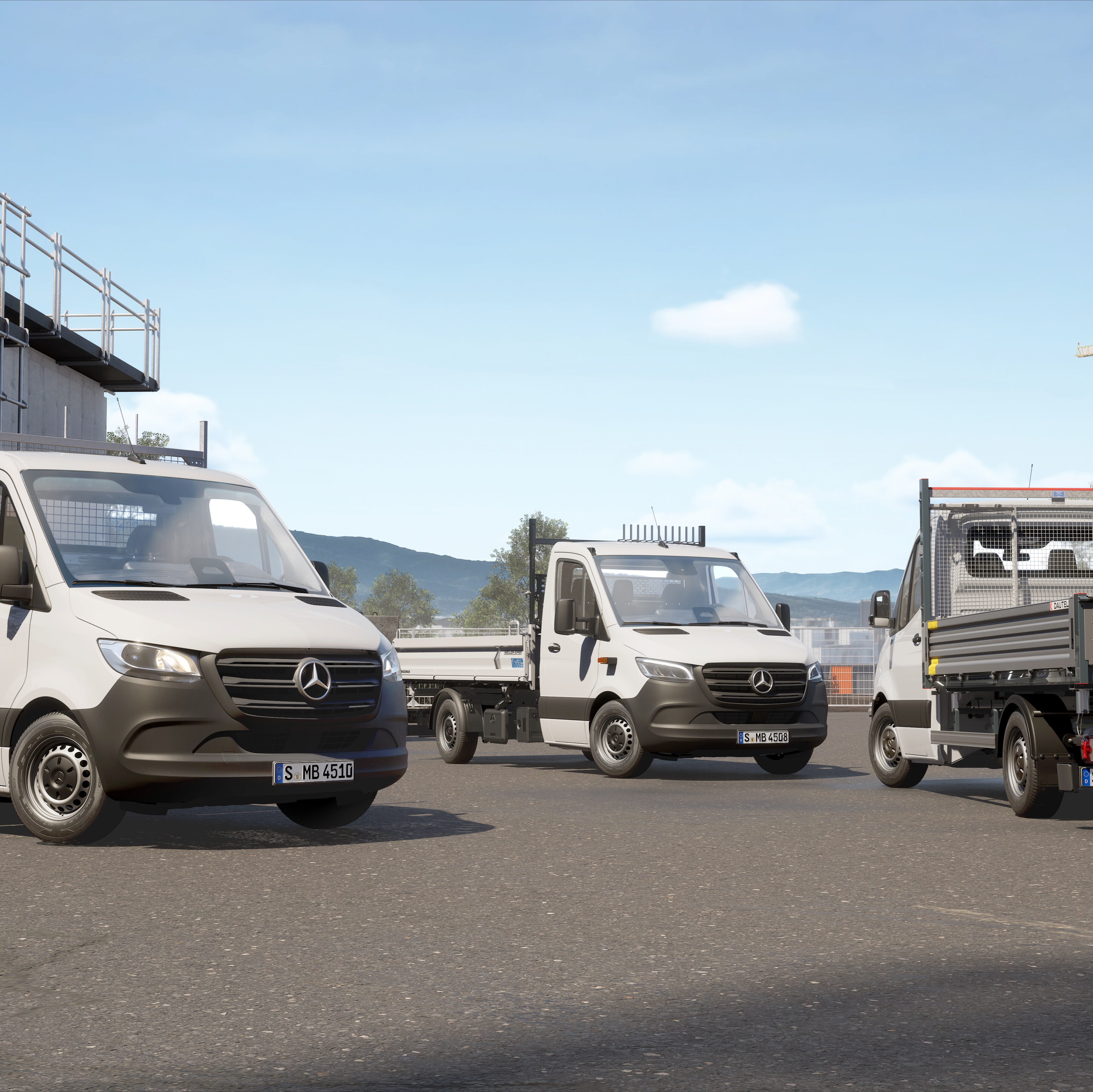 Three white Mercedes-Benz chassis cab vans with tipper and flatbed bodies parked on a construction site.