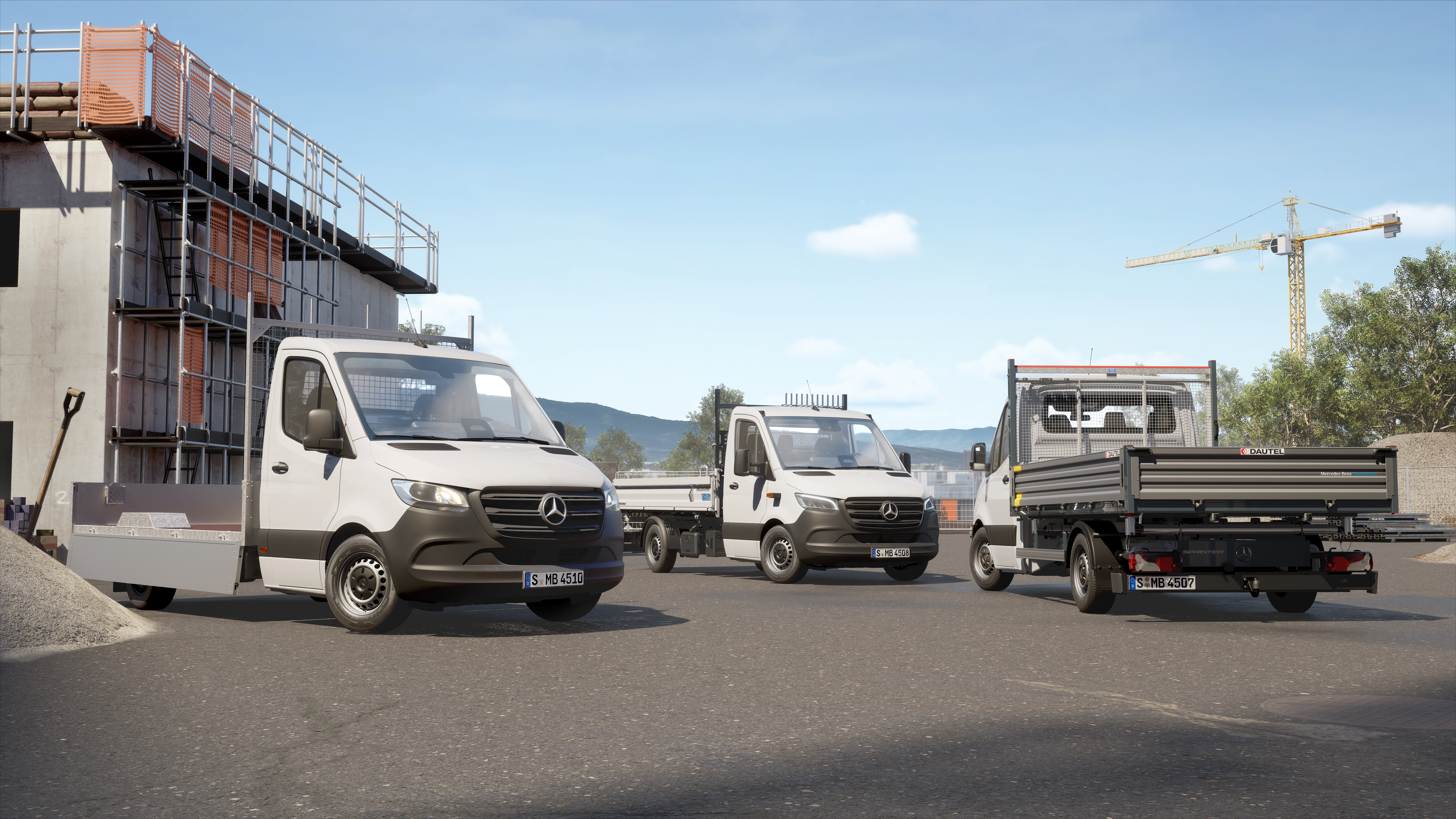 Three Chassis Cab Vans | Mercedes-Benz Vans Three white Mercedes-Benz chassis cab vans with tipper and flatbed bodies parked on a construction site.
