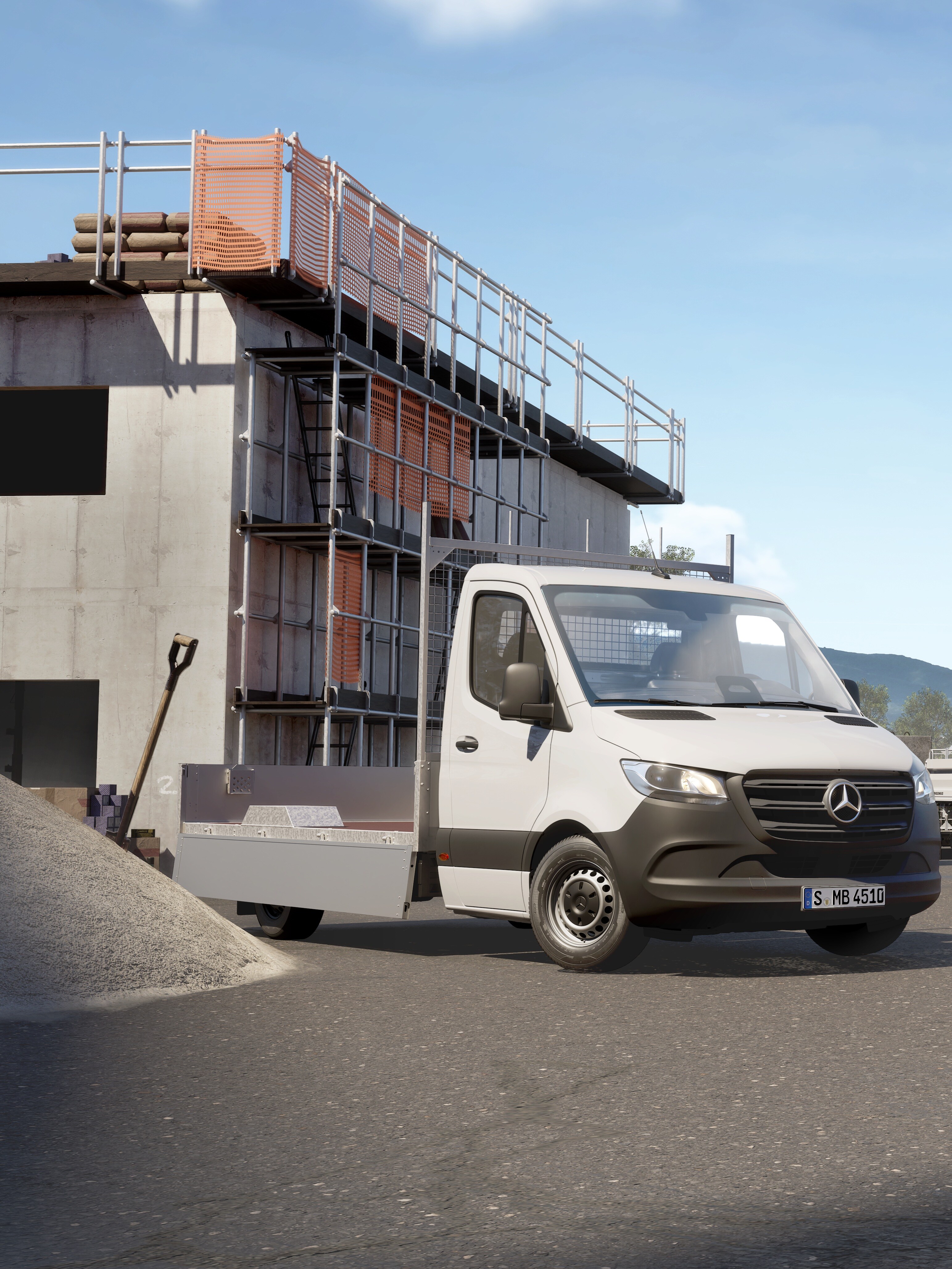 Two white Mercedes-Benz chassis cab vans with tipper and flatbed bodies parked on a construction site.