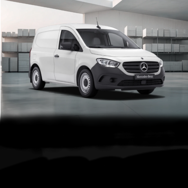 Birdseye view of three Mercedes-Benz panel vans – a grey Citan, a white Vito and a dark Blue Sprinter – under a bridge in an urban setting.