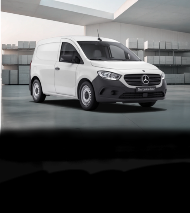 Birdseye view of three Mercedes-Benz panel vans – a grey Citan, a white Vito and a dark Blue Sprinter – under a bridge in an urban setting.