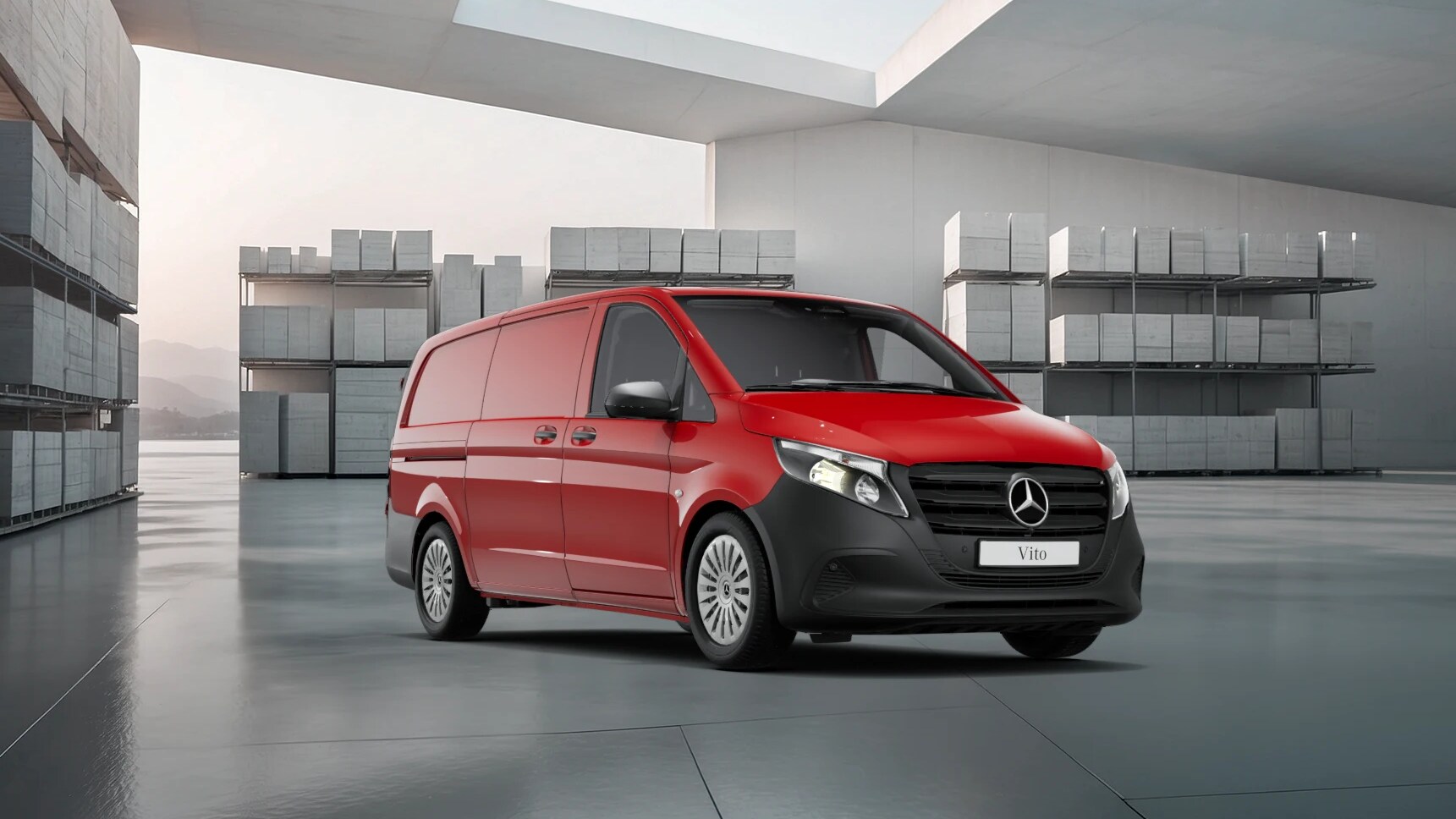 White Mercedes-Benz Vito Panel Van parked by modern concrete structure.