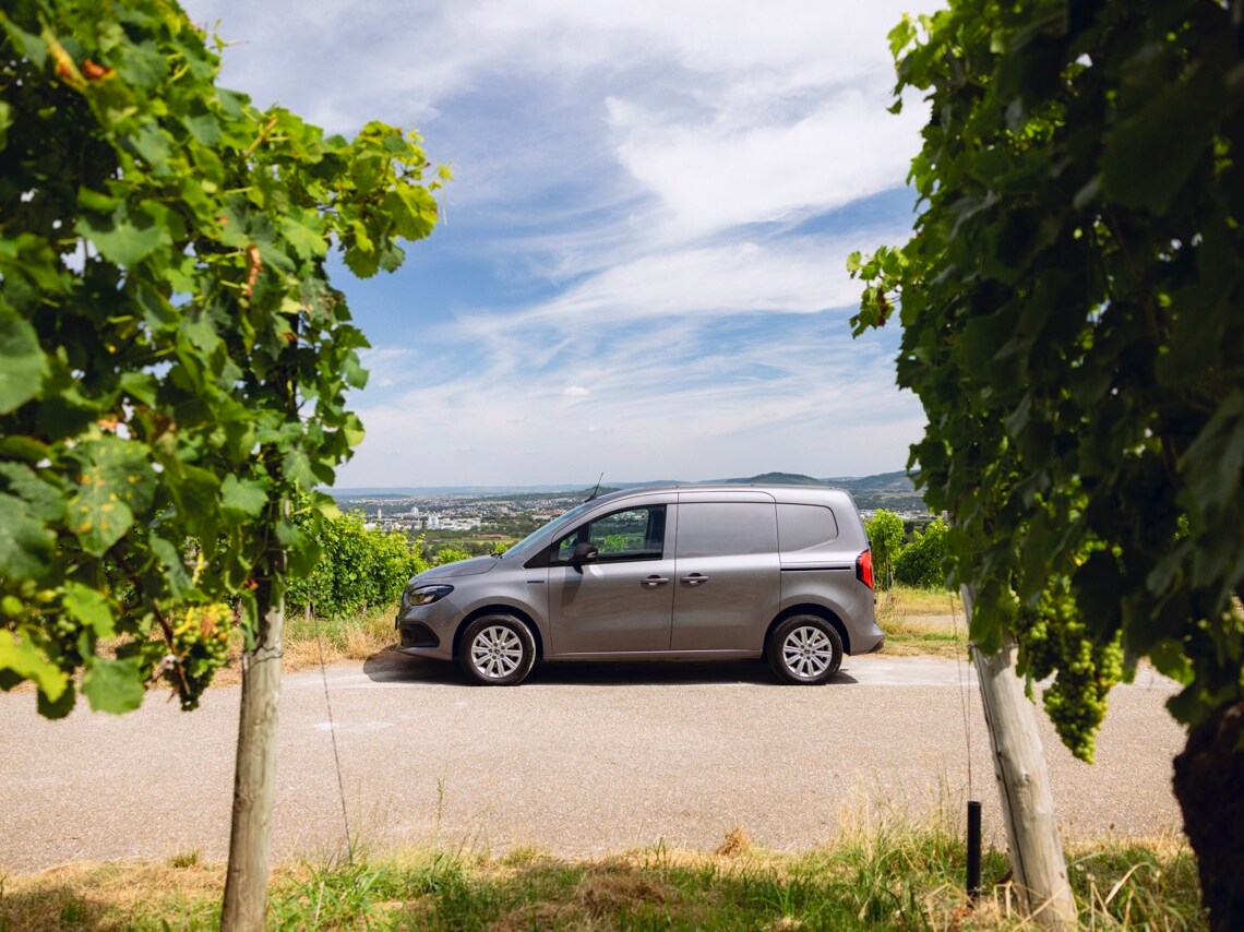 Grey Mercedes-Benz eCitan electric van parked in a vineyard setting.