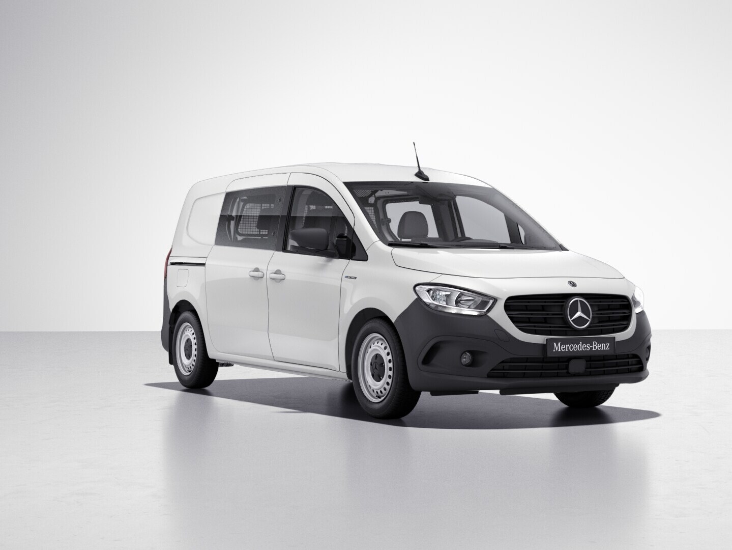 White Mercedes-Benz eCitan Crew van on a plain white background.