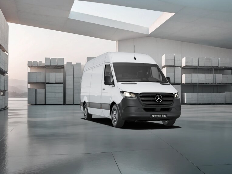 A front view of a Sprinter panel van from Mercedes-Benz parked in an urban environment.