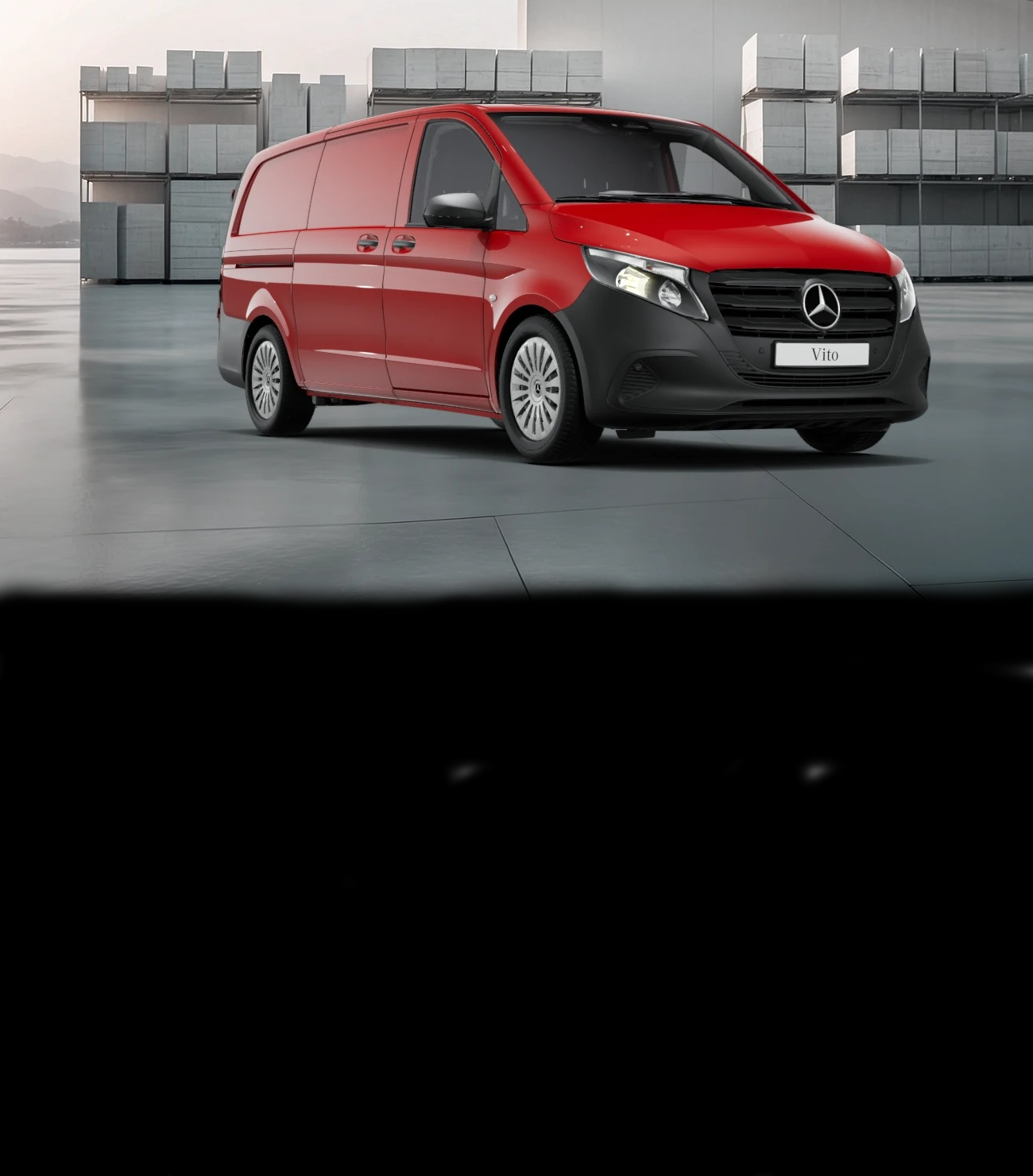 Birdseye view of three Mercedes-Benz panel vans – a grey Citan, a white Vito and a dark Blue Sprinter – under a bridge in an urban setting.