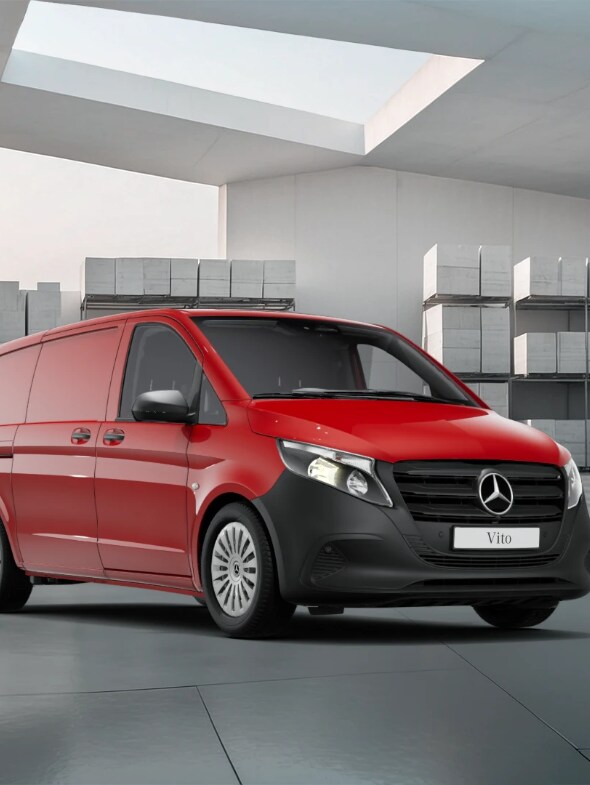Mercedes-Benz Citan, Vito and Sprinter diesel vans parked in front of a cityscape at sunrise. 