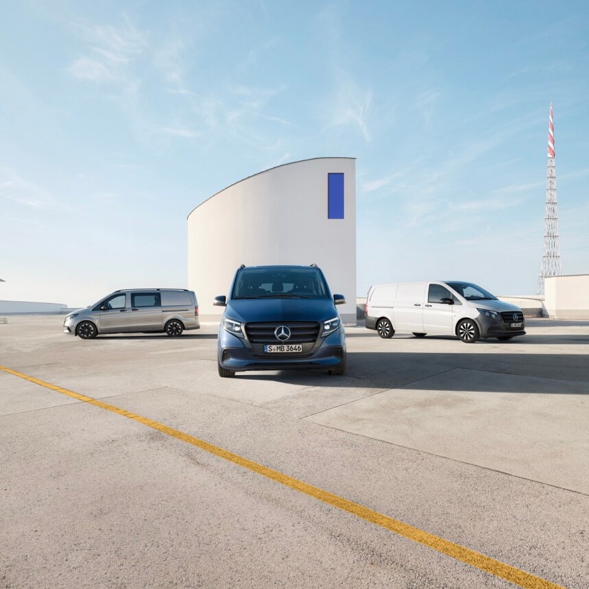 Three Mercedes-Benz Vito in an open aired car-park.