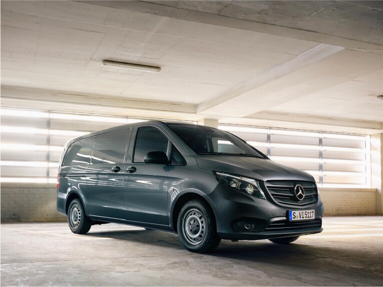 Grey Mercedes-Benz Vito Panel Van parked in a garage