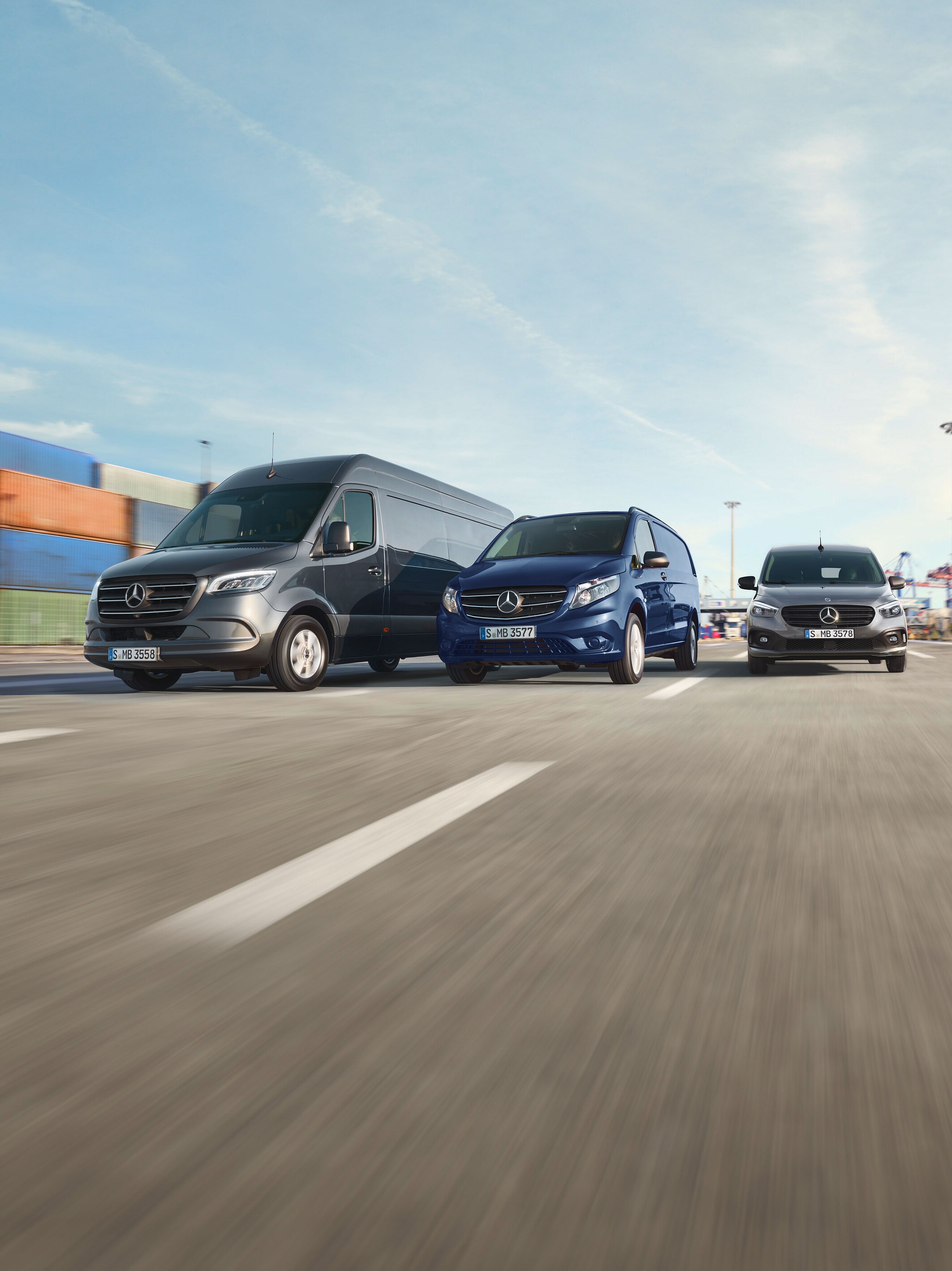 Front and side views of Mercedes-Benz Sprinter, Vito and Citan vans on the road.