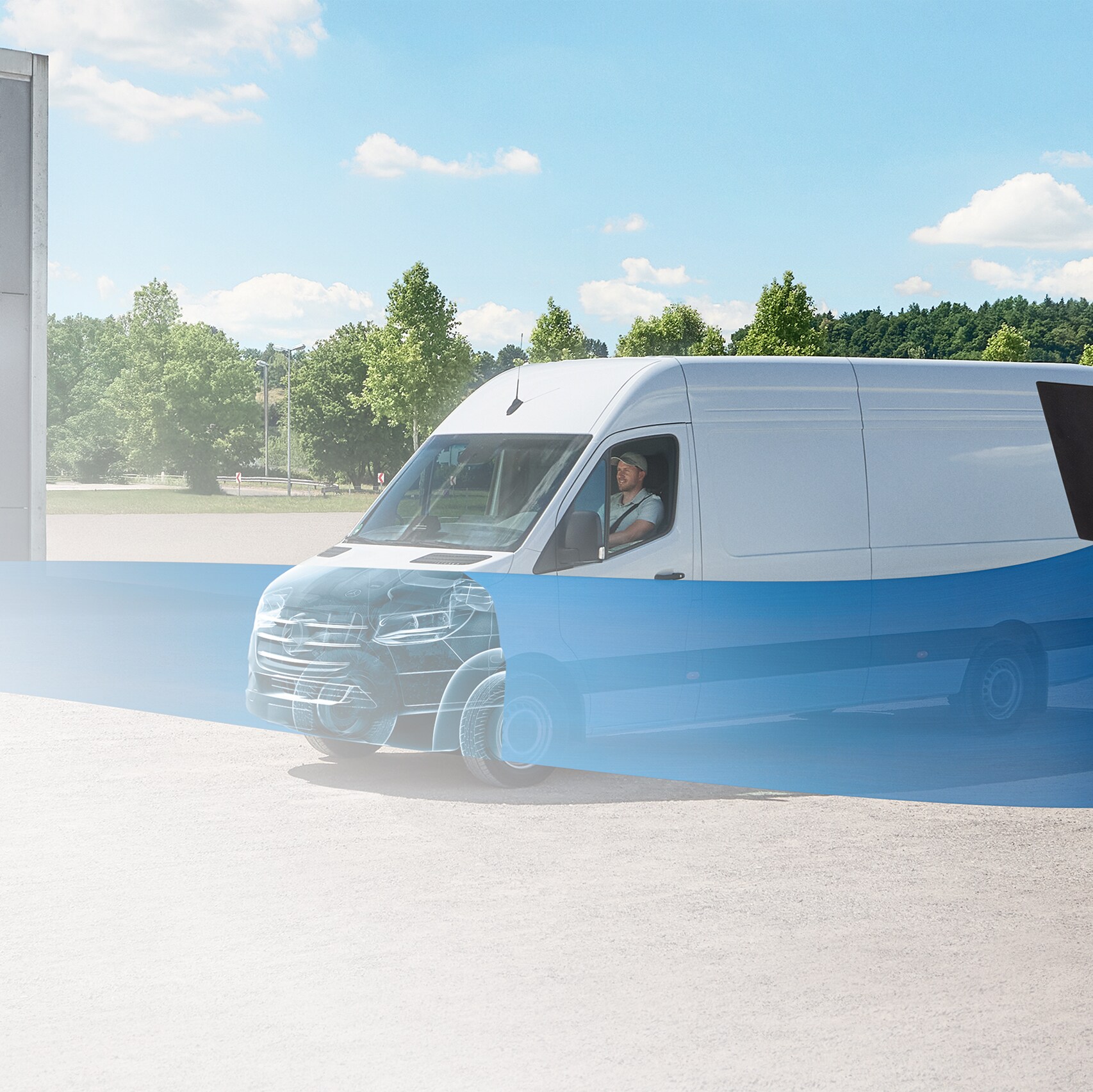 Woman with a laptop in her hand in front of a white van, with a blue ribbon crossing the image. See through bonnet symbolises Mercedes-Benz diagnostics.
