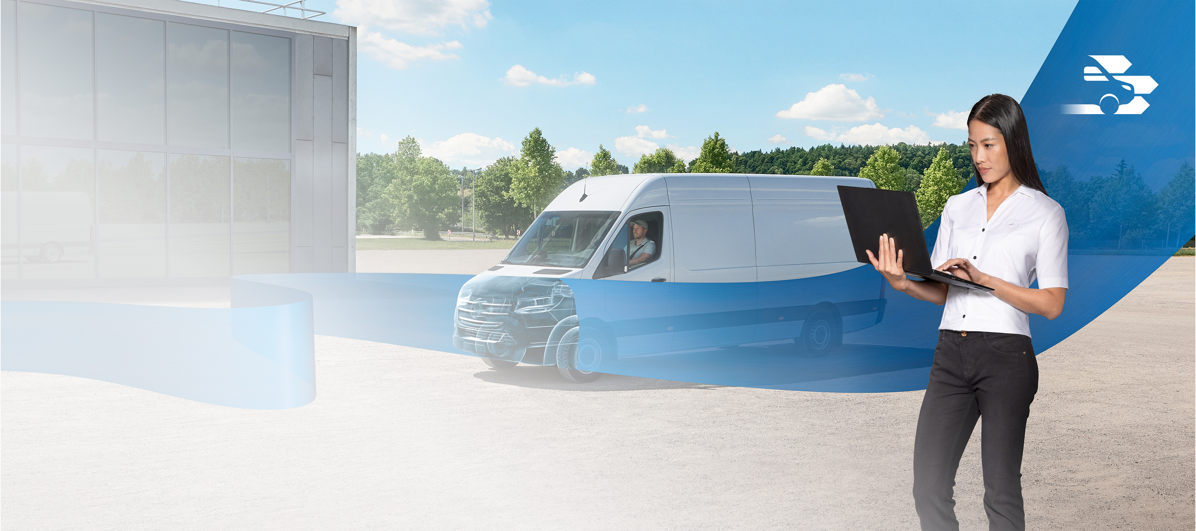 Mercedes-Benz | Van technology Woman with a laptop in her hand in front of a white van, with a blue ribbon crossing the image. See through bonnet symbolises Mercedes-Benz diagnostics.
