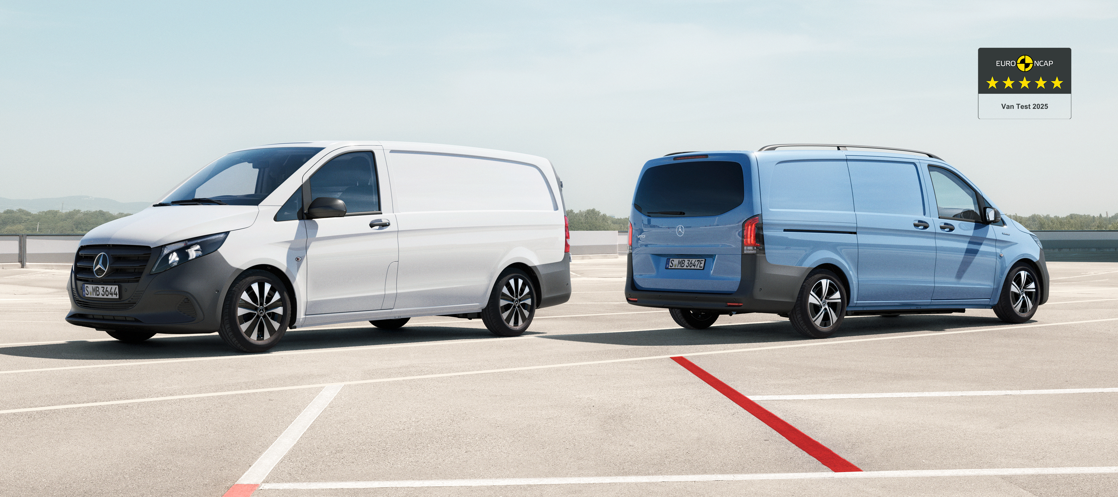 eVito Tourer & eVito Panel Van | Mercedes-Benz Mercedes-Benz eVito Tourer and eVito Panel Van driving on a road.