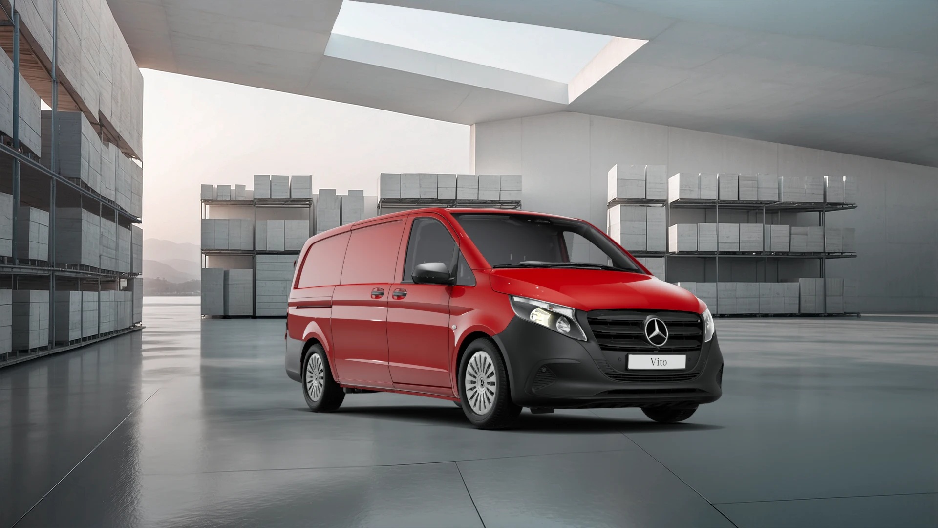 White Mercedes-Benz Vito Panel Van parked by modern concrete structure.