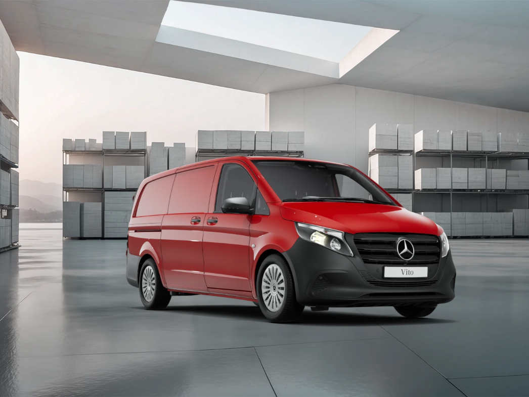 Mercedes-Benz Citan, Vito and Sprinter diesel vans parked in front of a cityscape at sunrise. Mercedes-Benz Citan, Vito and Sprinter diesel vans parked in front of a cityscape at sunrise.